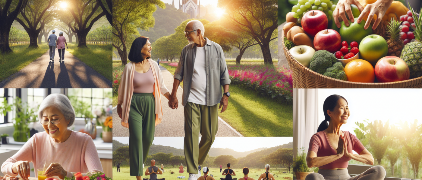 Create an image showcasing an elderly couple engaging in various healthy activities, such as walking in a scenic park, selecting fresh produce at a farmer's market, and practicing yoga with a serene b