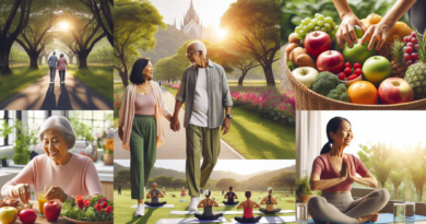 Create an image showcasing an elderly couple engaging in various healthy activities, such as walking in a scenic park, selecting fresh produce at a farmer's market, and practicing yoga with a serene b