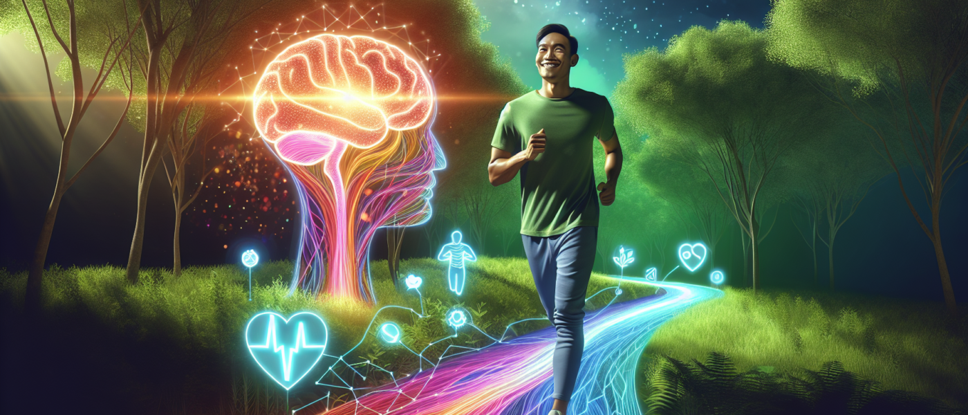 Create an image that illustrates the mental health benefits of regular exercise. Depict a serene, natural outdoor setting with a person jogging along a forest trail. The person is smiling, showing a s