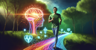 Create an image that illustrates the mental health benefits of regular exercise. Depict a serene, natural outdoor setting with a person jogging along a forest trail. The person is smiling, showing a s