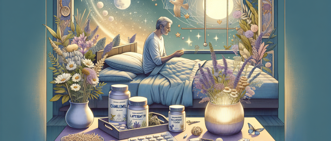 Create a detailed illustration of a serene bedroom setting for a man over 50. On the bedside table, neatly arrange an assortment of natural sleep aids like chamomile, valerian root, lavender, melatoni