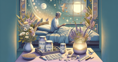Create a detailed illustration of a serene bedroom setting for a man over 50. On the bedside table, neatly arrange an assortment of natural sleep aids like chamomile, valerian root, lavender, melatoni