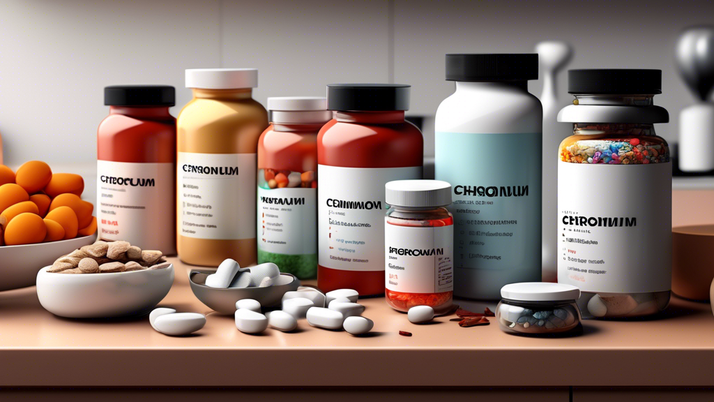 Create an image of a variety of supplements designed to control blood sugar, neatly arranged on a countertop. Include bottles labeled with ingredients like Chromium, Cinnamon, and Berberine. The backg