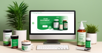 Create an image of a neatly arranged desktop setting with a computer showing an online store page filled with various supplements for cholesterol management. Display different types of supplement bott