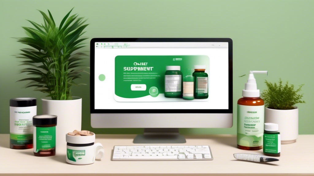 Create an image of a neatly arranged desktop setting with a computer showing an online store page filled with various supplements for cholesterol management. Display different types of supplement bott