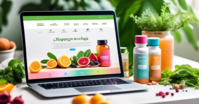 Create a vibrant and inviting image of an online shopping experience for digestive health supplements. Showcase an array of colorful supplement bottles, herbal teas, and probiotics, with a modern, cle
