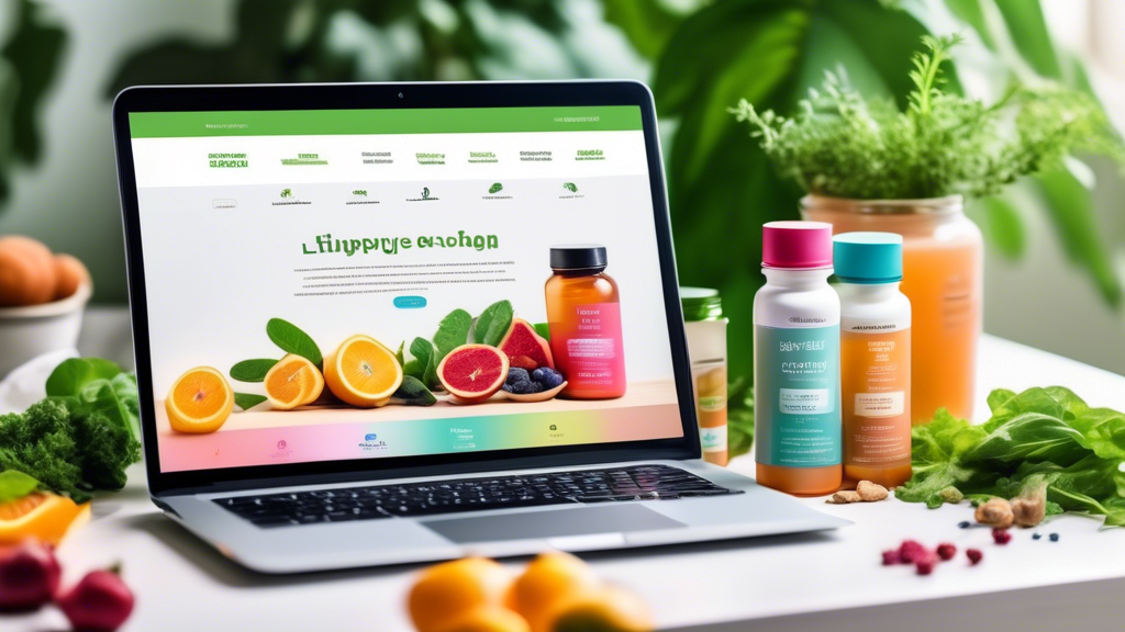 Create a vibrant and inviting image of an online shopping experience for digestive health supplements. Showcase an array of colorful supplement bottles, herbal teas, and probiotics, with a modern, cle