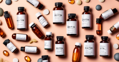 Create an image depicting a variety of hair growth supplements on display. Show neatly organized bottles, capsules, and tablets with labels highlighting their ingredients such as biotin, keratin, and