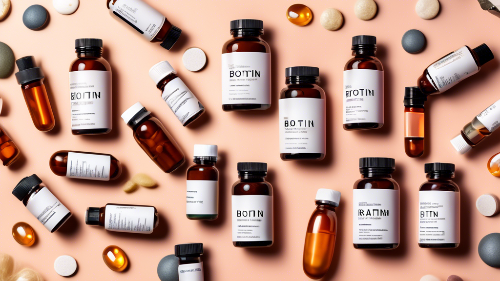 Create an image depicting a variety of hair growth supplements on display. Show neatly organized bottles, capsules, and tablets with labels highlighting their ingredients such as biotin, keratin, and