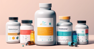 A stylish and modern e-commerce webpage showcasing various bottles and containers of testosterone-boosting supplements, featuring clean labels with natural ingredients. The background has a clean, cli