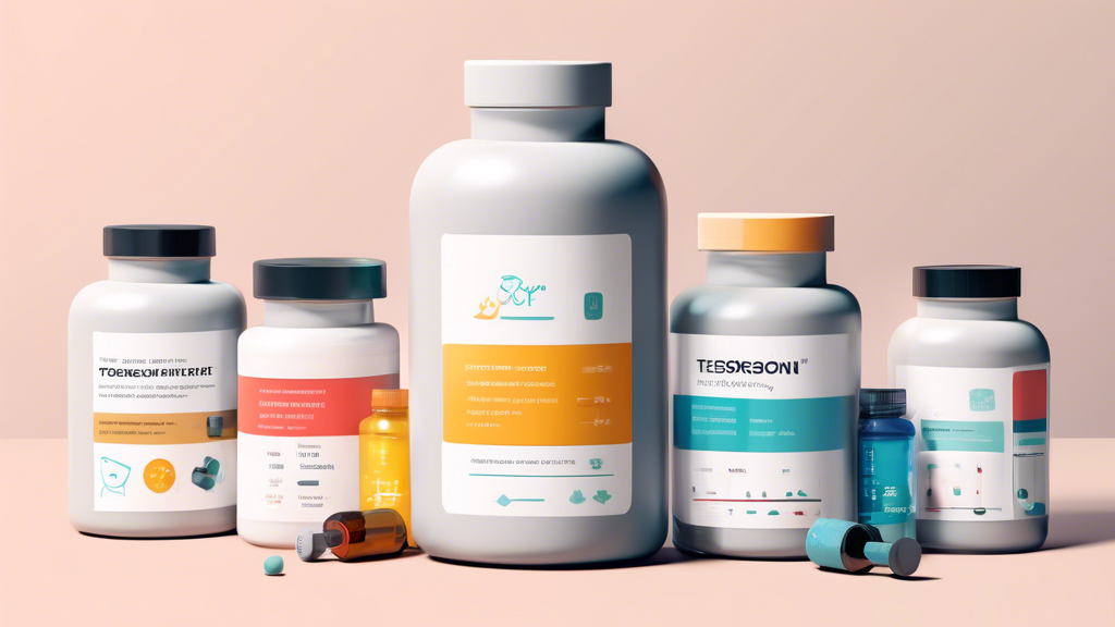A stylish and modern e-commerce webpage showcasing various bottles and containers of testosterone-boosting supplements, featuring clean labels with natural ingredients. The background has a clean, cli