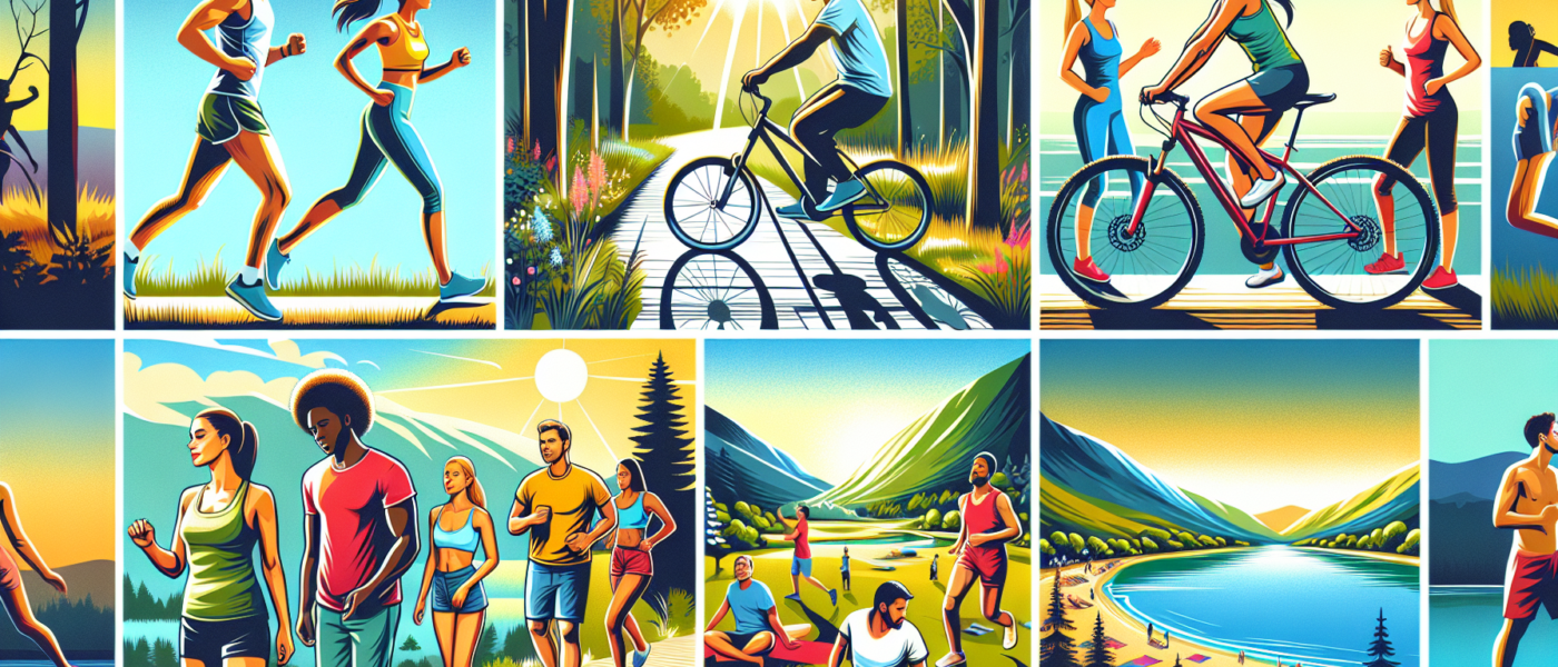 Create an image depicting a variety of outdoor activities for staying fit. Include people jogging on a nature trail, biking through a lush park, doing yoga by a serene lake, hiking up a scenic mountai