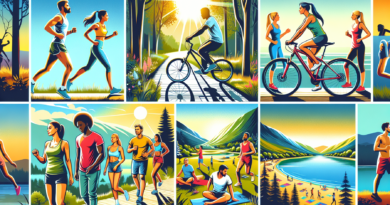 Create an image depicting a variety of outdoor activities for staying fit. Include people jogging on a nature trail, biking through a lush park, doing yoga by a serene lake, hiking up a scenic mountai