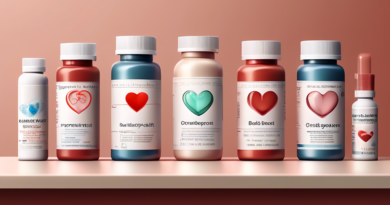 A detailed digital illustration of various supplements neatly arranged on a countertop. Each bottle is labeled with texts like 'Circulation Boost,' 'Heart Health,' and 'Blood Flow Support.' The backdr