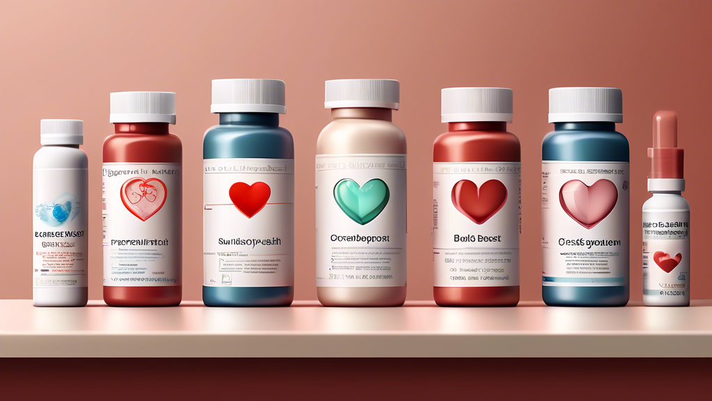 A detailed digital illustration of various supplements neatly arranged on a countertop. Each bottle is labeled with texts like 'Circulation Boost,' 'Heart Health,' and 'Blood Flow Support.' The backdr