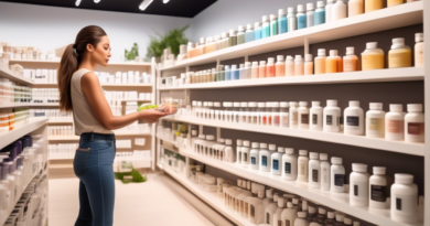 Create an image of a modern, well-lit health store interior with shelves stocked with various detox supplements in neatly organized rows. Include well-labeled bottles and boxes of different colors and