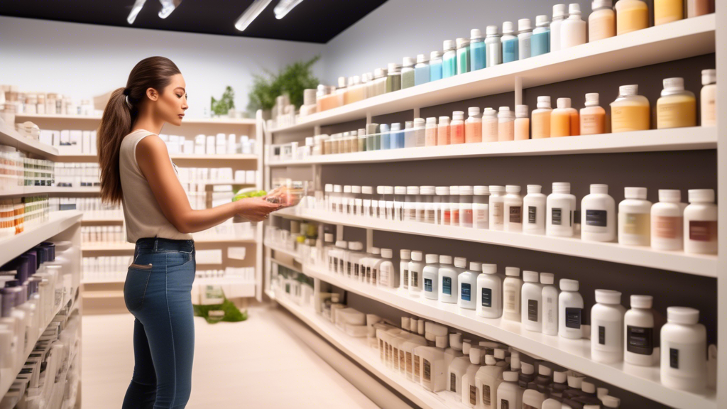 Create an image of a modern, well-lit health store interior with shelves stocked with various detox supplements in neatly organized rows. Include well-labeled bottles and boxes of different colors and