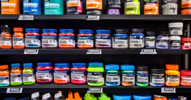 A vibrant image of an organized display of various endurance supplements, including energy gels, protein powders, and hydration tablets, set against the backdrop of an athletic store. The supplements