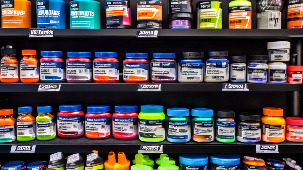 A vibrant image of an organized display of various endurance supplements, including energy gels, protein powders, and hydration tablets, set against the backdrop of an athletic store. The supplements