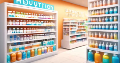 Create an image of a well-organized display of hydration supplements in a modern health store. The display features various colorful bottles and packets labeled with terms like Electrolytes, Hydration