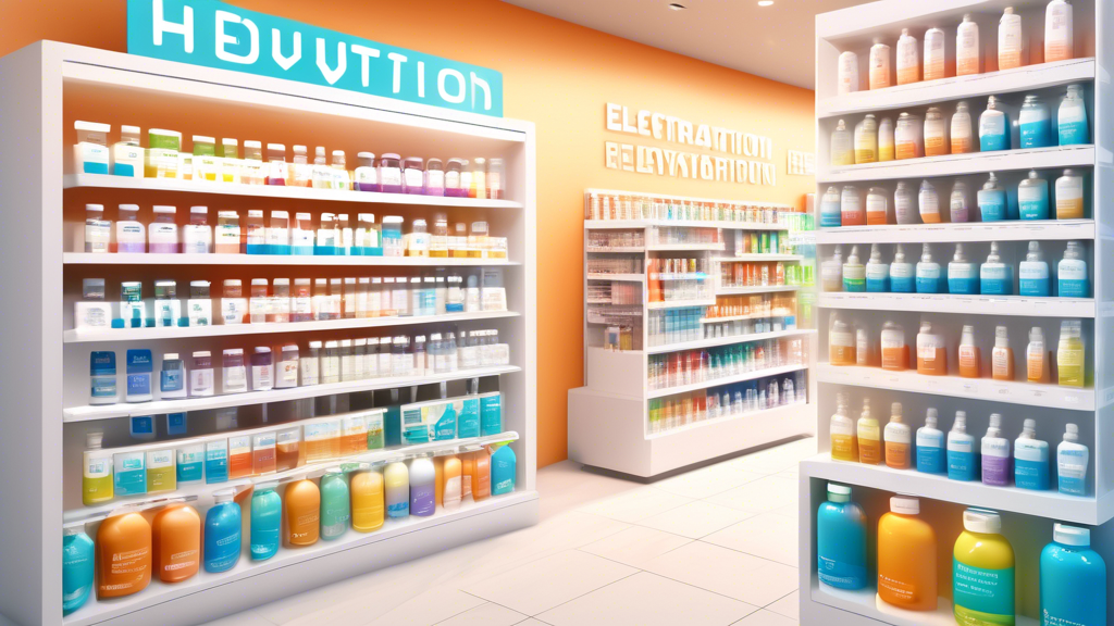 Create an image of a well-organized display of hydration supplements in a modern health store. The display features various colorful bottles and packets labeled with terms like Electrolytes, Hydration