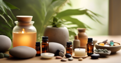 Create a detailed image of a serene, zen-inspired setting where a variety of natural stress-relief supplements are beautifully arranged. Include items such as herbal teas, essential oil bottles, and c