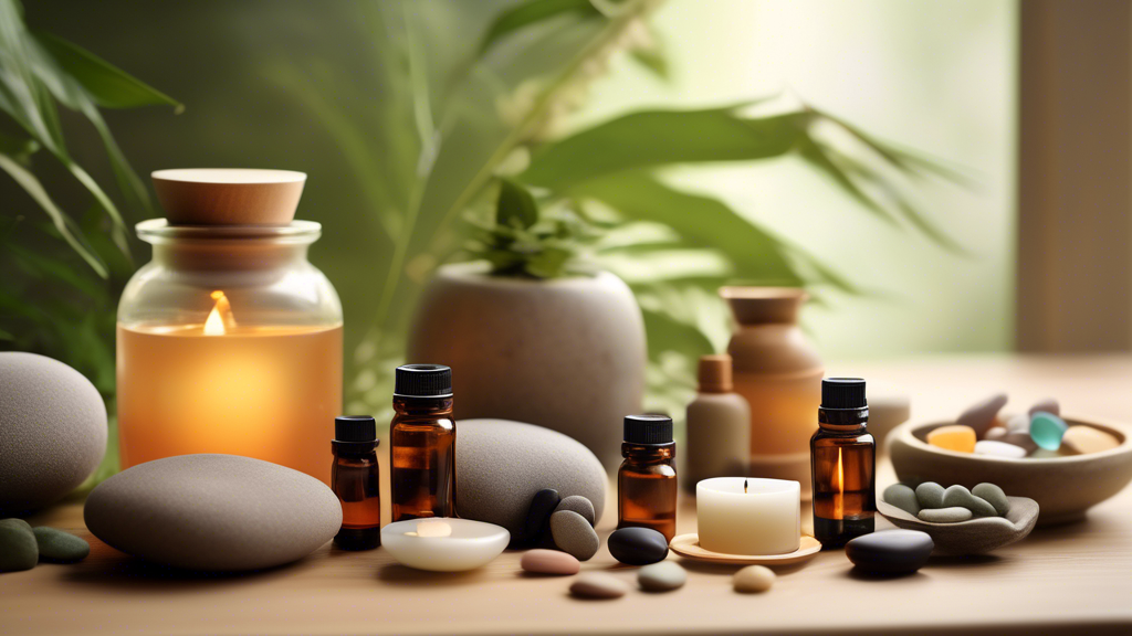 Create a detailed image of a serene, zen-inspired setting where a variety of natural stress-relief supplements are beautifully arranged. Include items such as herbal teas, essential oil bottles, and c