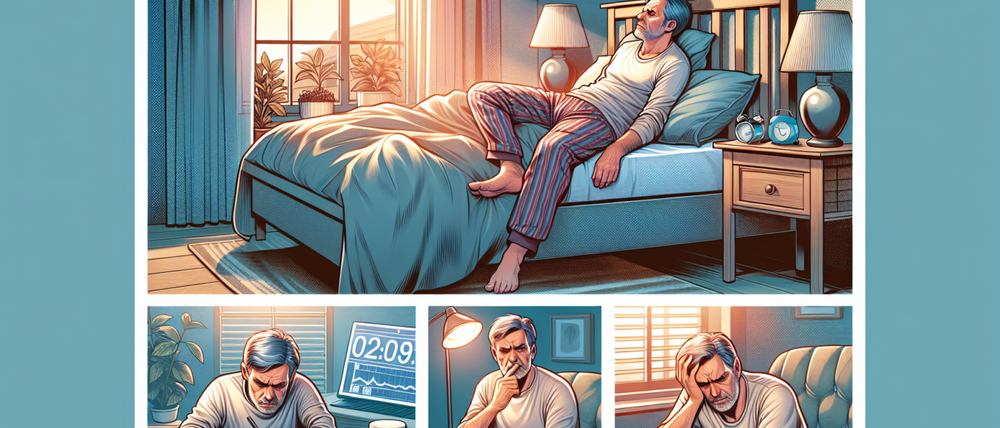 Create an image depicting a middle-aged man in his 50s in a cozy bedroom setting, showcasing various sleep disorders. One section of the image should show him tossing and turning in bed with a distres