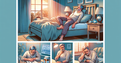 Create an image depicting a middle-aged man in his 50s in a cozy bedroom setting, showcasing various sleep disorders. One section of the image should show him tossing and turning in bed with a distres