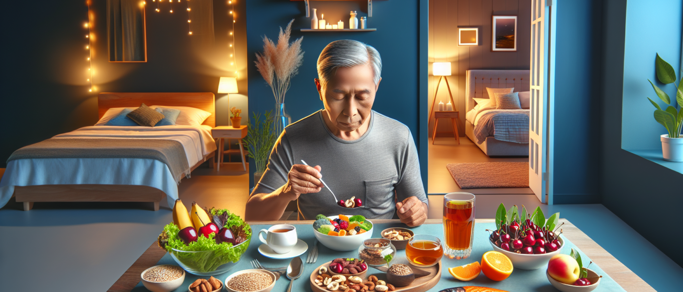 Create an image featuring an inviting dinner table set indoors with warm, cozy lighting. The table is adorned with an assortment of foods known to promote better sleep for older men, such as cherries,