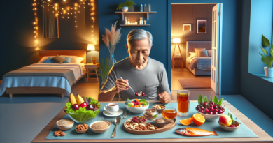 Create an image featuring an inviting dinner table set indoors with warm, cozy lighting. The table is adorned with an assortment of foods known to promote better sleep for older men, such as cherries,