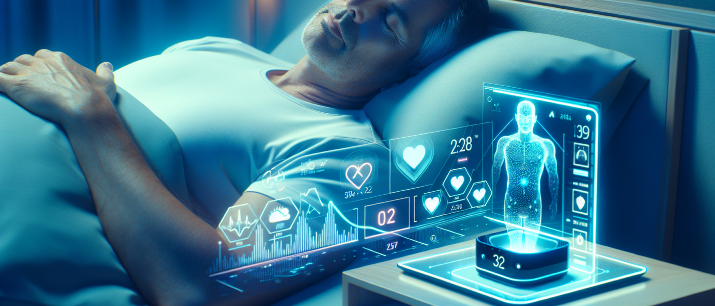 Create an illustrative, modern and sleek image of a middle-aged individual (around 50 or older) comfortably lying in bed, surrounded by advanced sleep-tracking gadgets. The environment is serene with