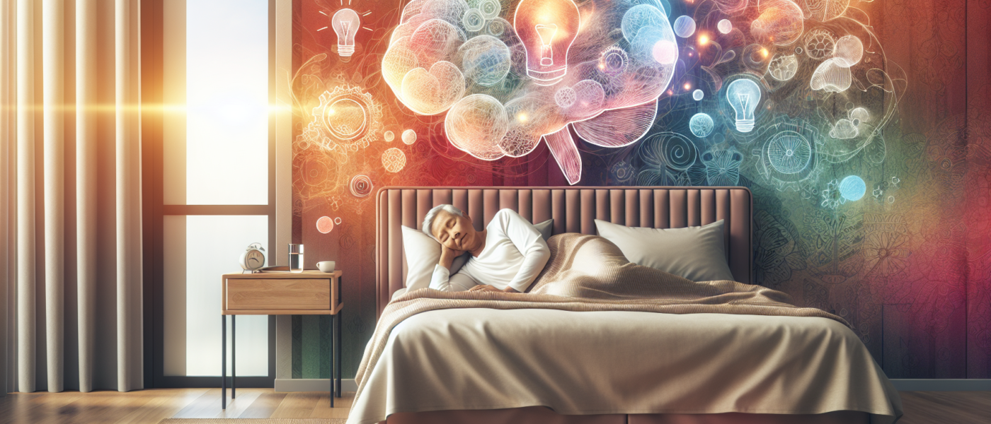 Create an image depicting a serene bedroom scene where an elderly person is peacefully sleeping. The room should include elements like a comfortable bed with soft pillows, a bedside table with a book