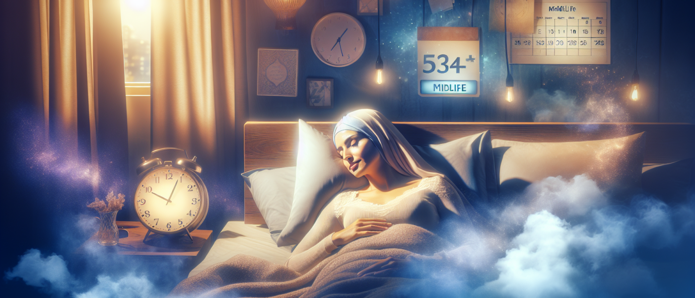Create an image that depicts a serene bedroom scene with a person peacefully sleeping. Include subtle elements like a clock showing it's nighttime, a dreamlike mist indicating hormone balance. Add sof