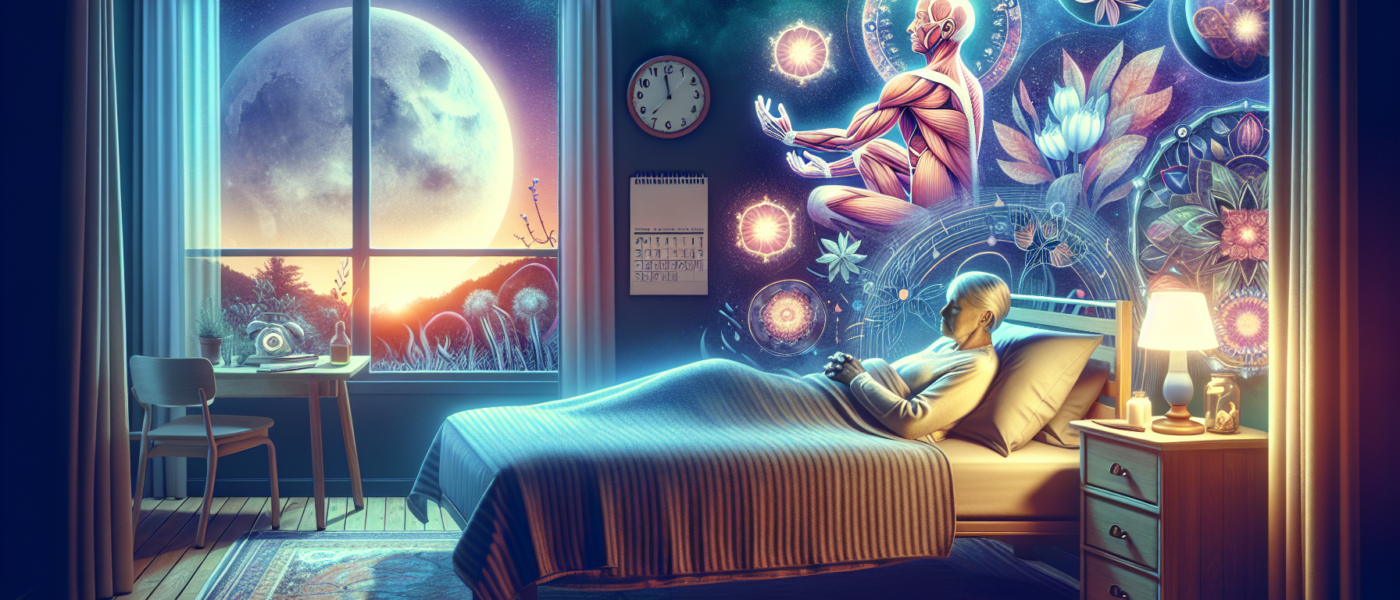 Create an image depicting a serene, moonlit bedroom with a person over 50 peacefully sleeping. Beside the bed, show ethereal representations of muscles being nurtured and healed, symbolizing recovery.