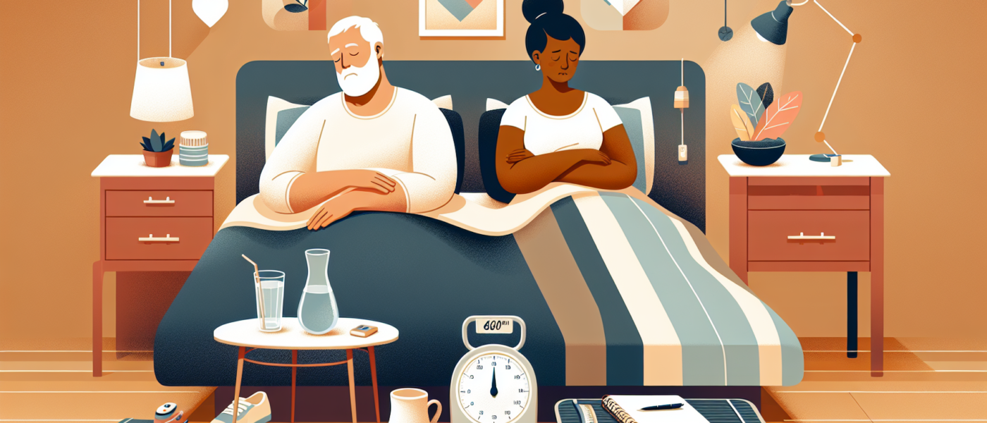 A warm, cozy bedroom scene featuring an elderly couple in their peaceful sleep. The room is softly lit with a gentle, serene ambiance. On one side, a bedside table has a glass of water, a book, and a
