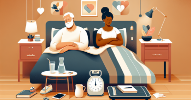 A warm, cozy bedroom scene featuring an elderly couple in their peaceful sleep. The room is softly lit with a gentle, serene ambiance. On one side, a bedside table has a glass of water, a book, and a