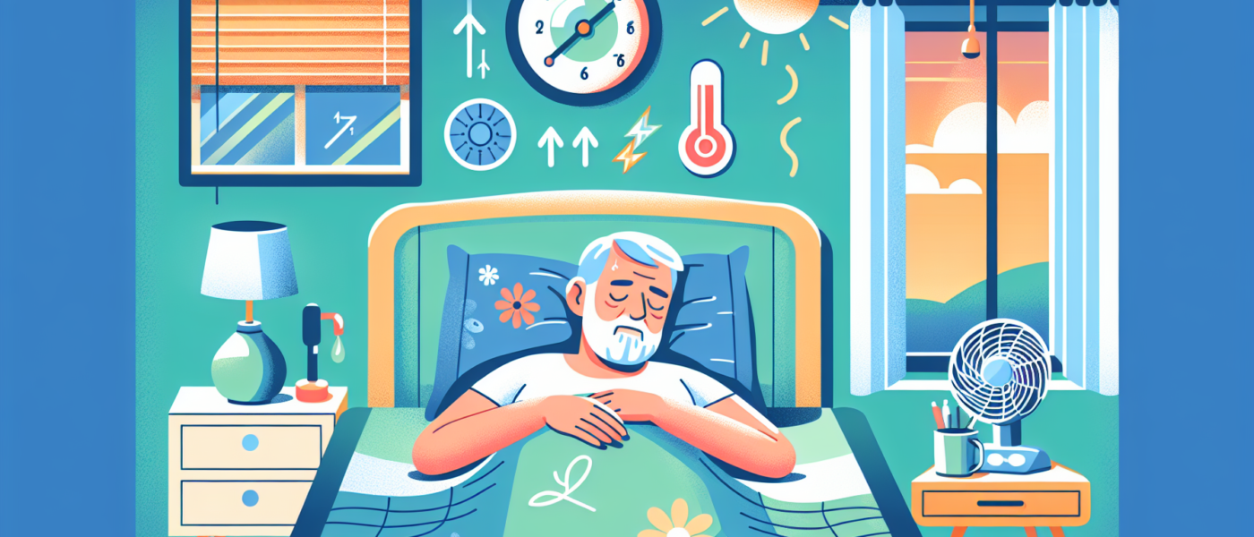 Create an image that depicts an elderly man sleeping peacefully in a cozy bedroom. The room should have elements that suggest temperature regulation, such as a thermometer on the wall, a ceiling fan,