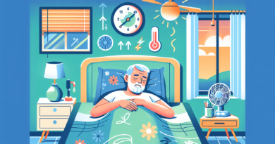 Create an image that depicts an elderly man sleeping peacefully in a cozy bedroom. The room should have elements that suggest temperature regulation, such as a thermometer on the wall, a ceiling fan,