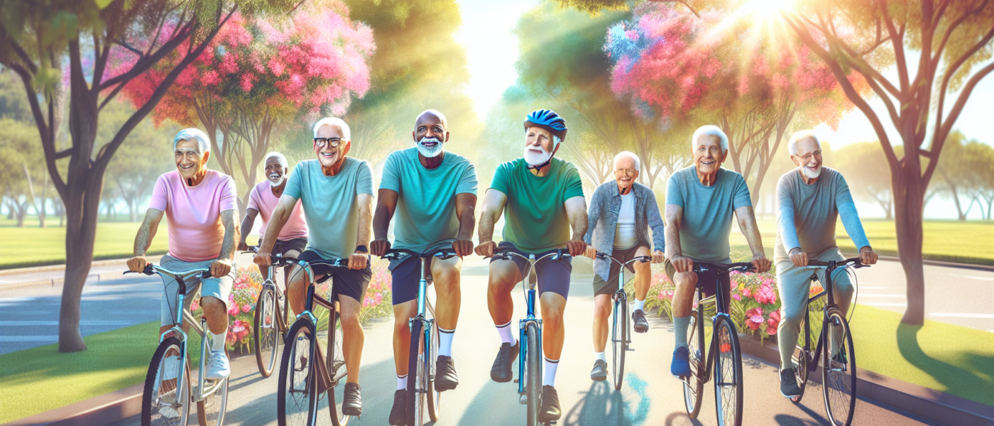 Create an image that depicts older men enjoying the benefits of cycling. Show a diverse group of elderly men riding bicycles through a beautiful, sunlit park with green trees, blooming flowers, and sm