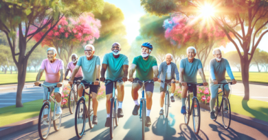 Create an image that depicts older men enjoying the benefits of cycling. Show a diverse group of elderly men riding bicycles through a beautiful, sunlit park with green trees, blooming flowers, and sm