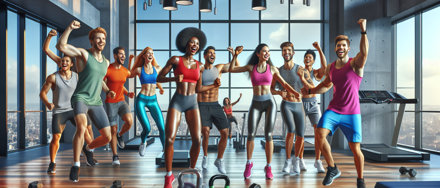 Create an image of a diverse group of people engaged in a high-energy, group fitness class inside a modern gym. The participants should look enthusiastic and happy, displaying a sense of camaraderie a
