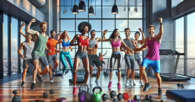 Create an image of a diverse group of people engaged in a high-energy, group fitness class inside a modern gym. The participants should look enthusiastic and happy, displaying a sense of camaraderie a