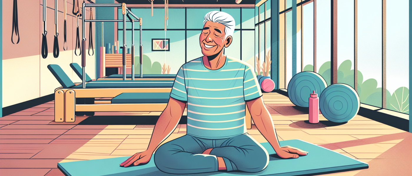 An older man with silver hair and a joyful expression in a serene studio setting, performing Pilates exercises on a mat. The background features calming colors, large windows with natural light, and e