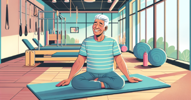 An older man with silver hair and a joyful expression in a serene studio setting, performing Pilates exercises on a mat. The background features calming colors, large windows with natural light, and e