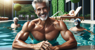 Create an image of an older man in his 60s with a joyful expression, confidently swimming in a clear, serene pool. Show his muscular, toned physique to emphasize the physical benefits of swimming. Inc