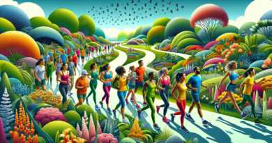 Create an image of a diverse group of people walking briskly through a scenic park, with vibrant greenery and flowers in bloom. They are all wearing fitness attire and have happy, energized expression