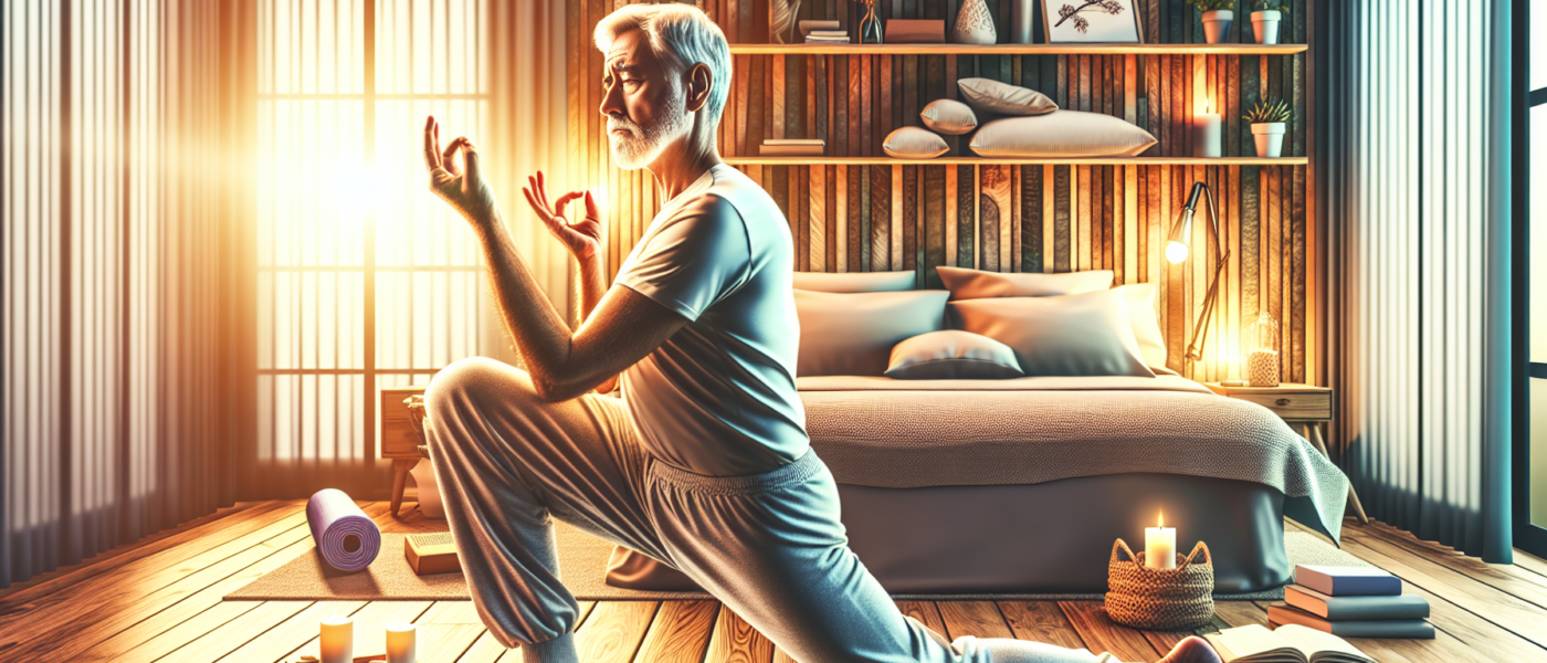 Create an image of an older man practicing yoga in a peaceful, serene bedroom setting. The atmosphere should be calm and relaxing, with soft lighting and cozy elements like a comfortable bed and fluff