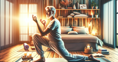 Create an image of an older man practicing yoga in a peaceful, serene bedroom setting. The atmosphere should be calm and relaxing, with soft lighting and cozy elements like a comfortable bed and fluff