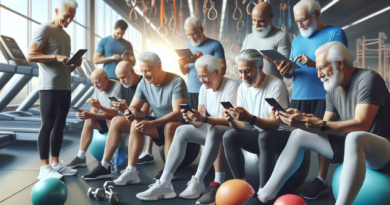 Create an image showcasing a group of older men using various fitness apps on their smartphones and tablets. The setting is a modern gym with exercise equipment in the background. The men are engaged